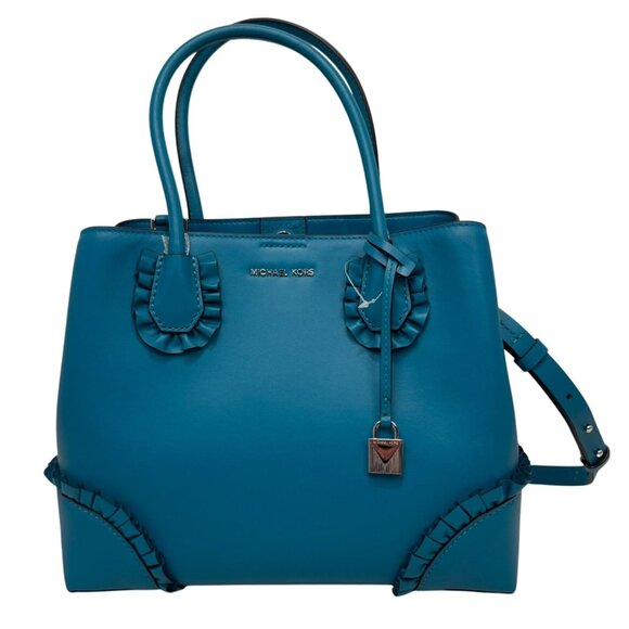 Michael Kors Teal Leather Handbag With Ruffled Accents & Adjustable Strap - Picture 1 of 14